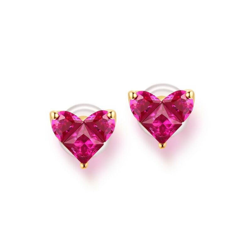 Ladies Classical Heart Shaped Red Corundum Earrings with 14k Yellow Gold